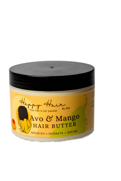 Jar of Happy Hair Avo & Mango Hair Butter on a white background